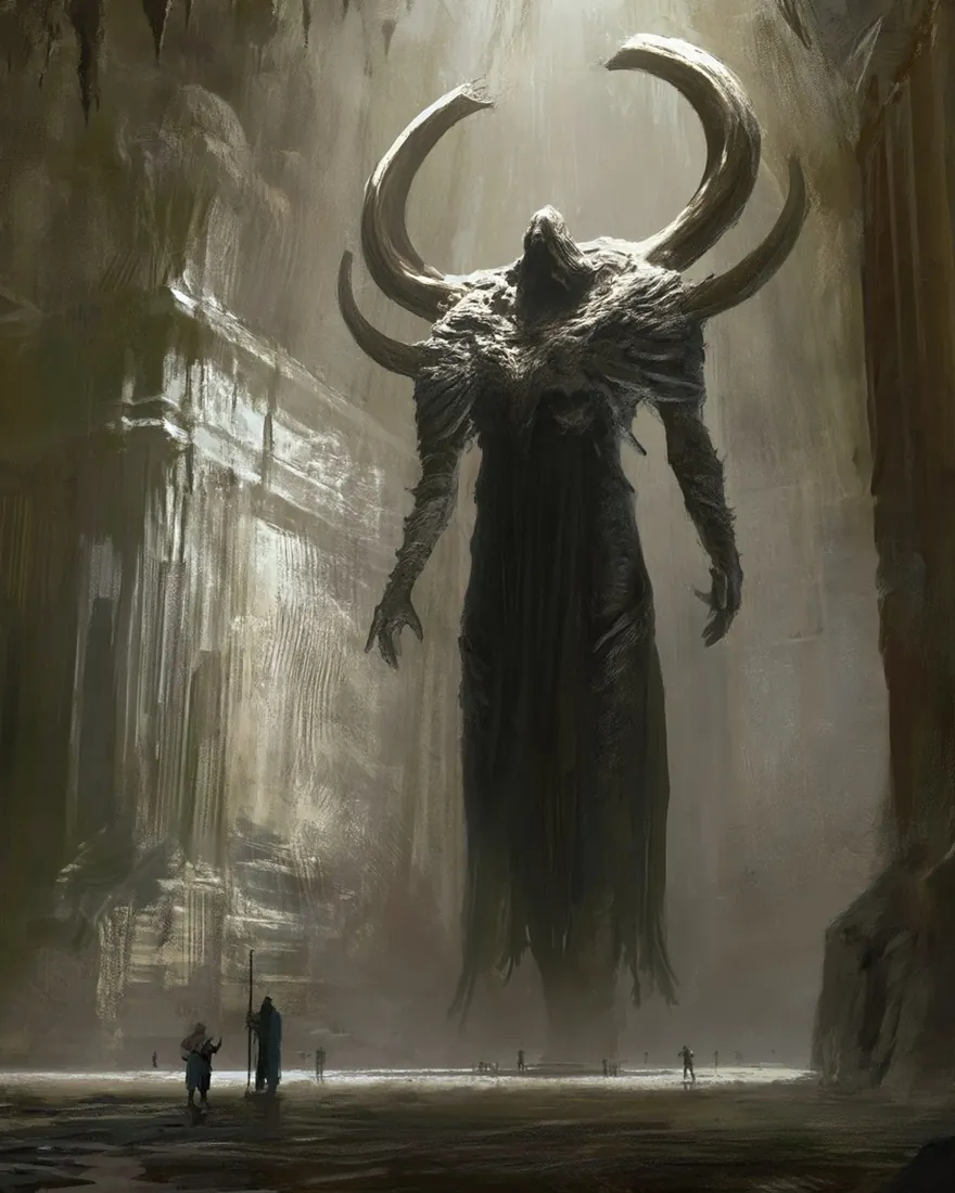 Ie'ishen standing at the end of a ruined gallery, horned and unmoving, two callers stopped small at its feet.
