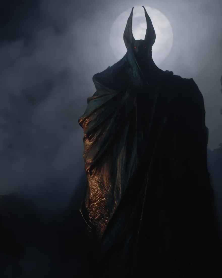 Khar'Shkahur on a crag against the moon, horns up and the wings shut around it.
