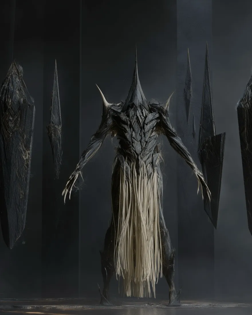 Kiessein'vohl standing in its own hall of hung blades, spined above the waist and pale below it.