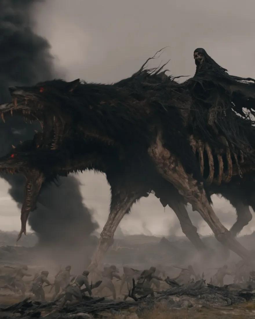 Ko'vrn walking the ash plain on too many legs, the smoke of its own passage standing up behind it.