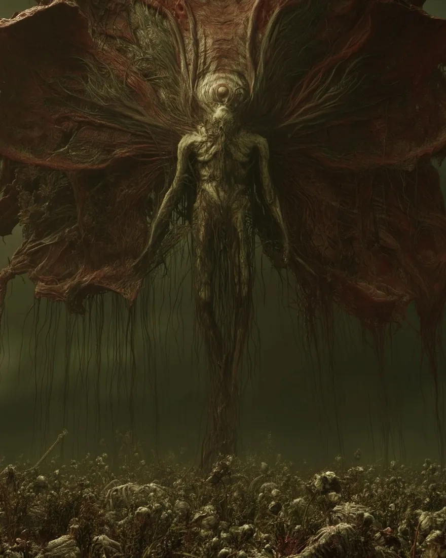 Kthuji'ji'ujhmi hanging over a field of skulls on torn red wings, the rot running off it into the ground.
