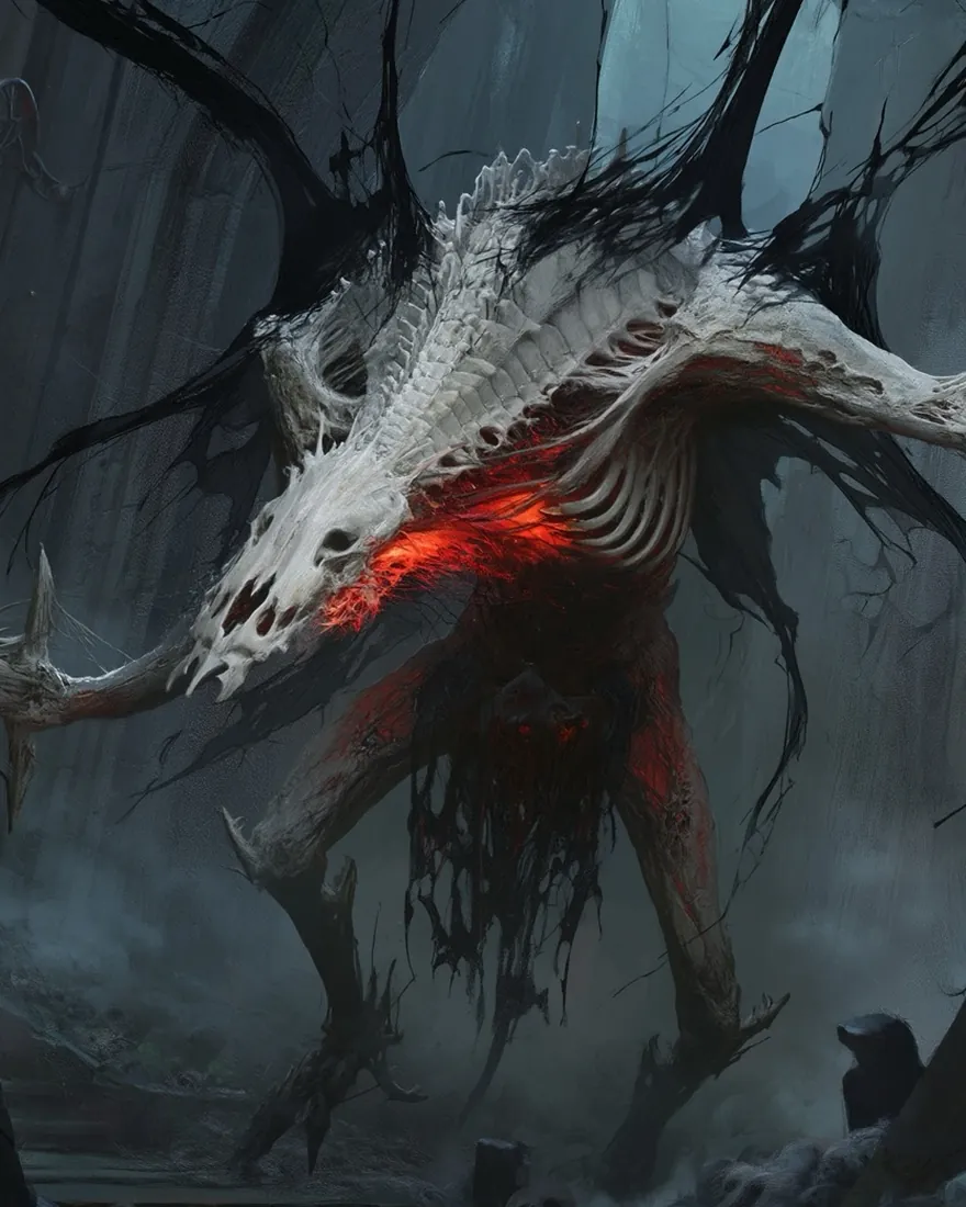Vie'Kamee in the tunnel mouth it keeps, antlers of bloodied flesh over a rotted frame and the fire of it showing through the ribs.