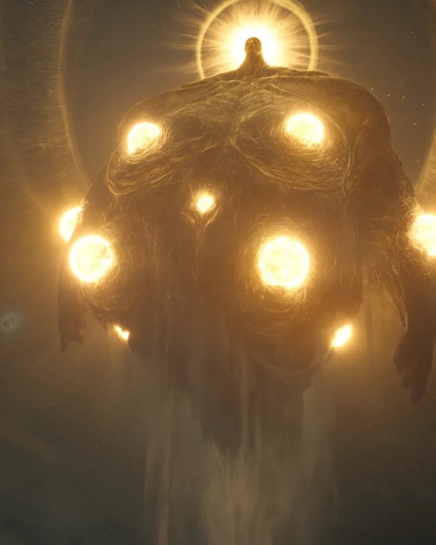 Tie'she'iki'veh burning in the dark between worlds, its lights set in a ring and a crowned shape at the top of them.