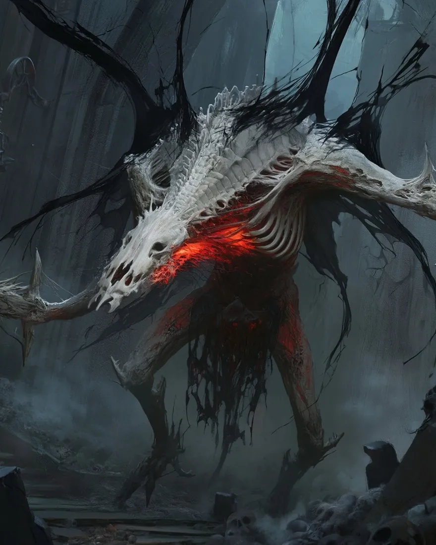 Vie'Kamee at the gate of the underway, white skulled and antlered with the lamps of the passage lit behind it.