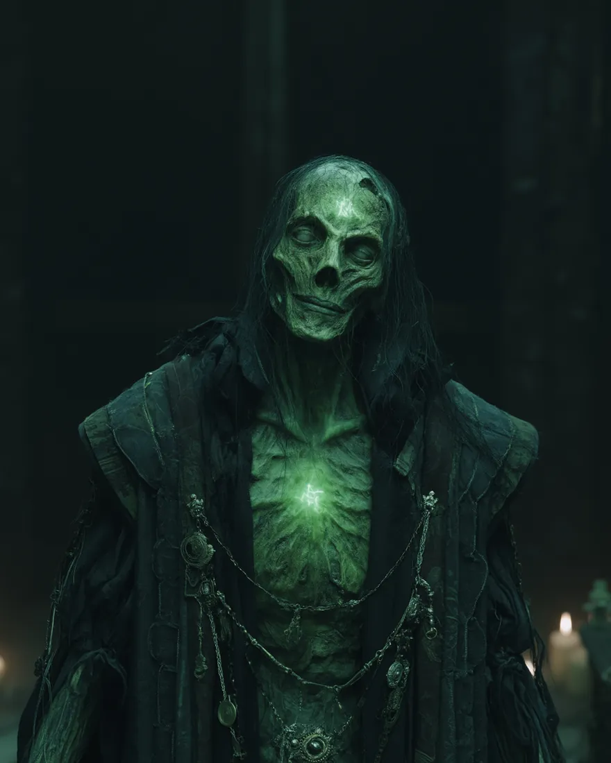 Vi'Lor Vethilex among its instruments and books, green light gathered in the chest and the face long past flesh.