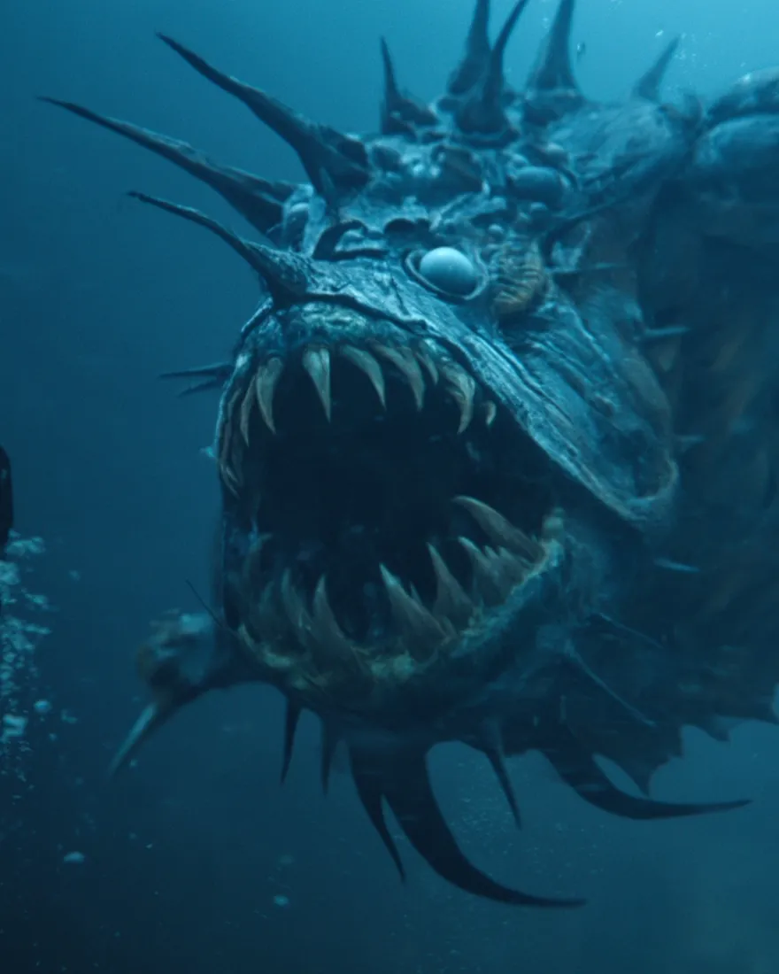 A Shrakur turning in the blue water, the angler and the shark plain in the head, rows of curved teeth standing open.