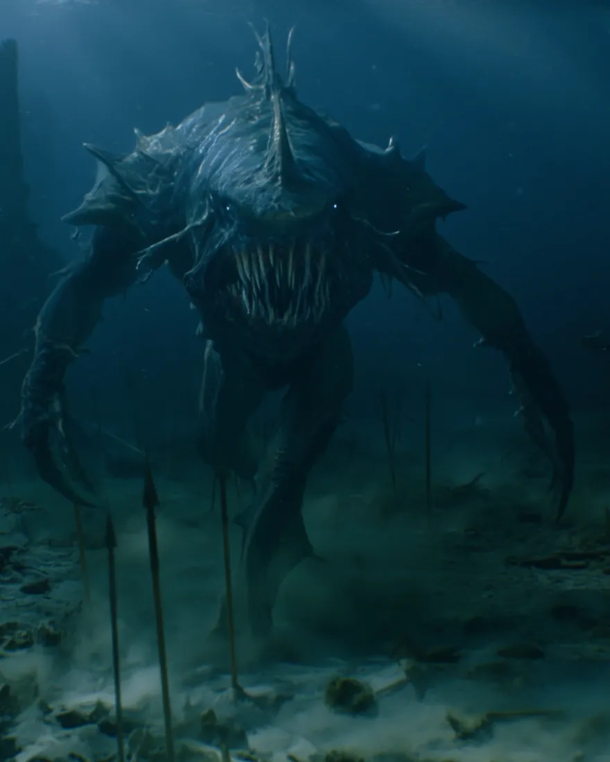 A Shrakur holding the floor of the deep among broken spears, the tail-legs folded under it for the next burst.
