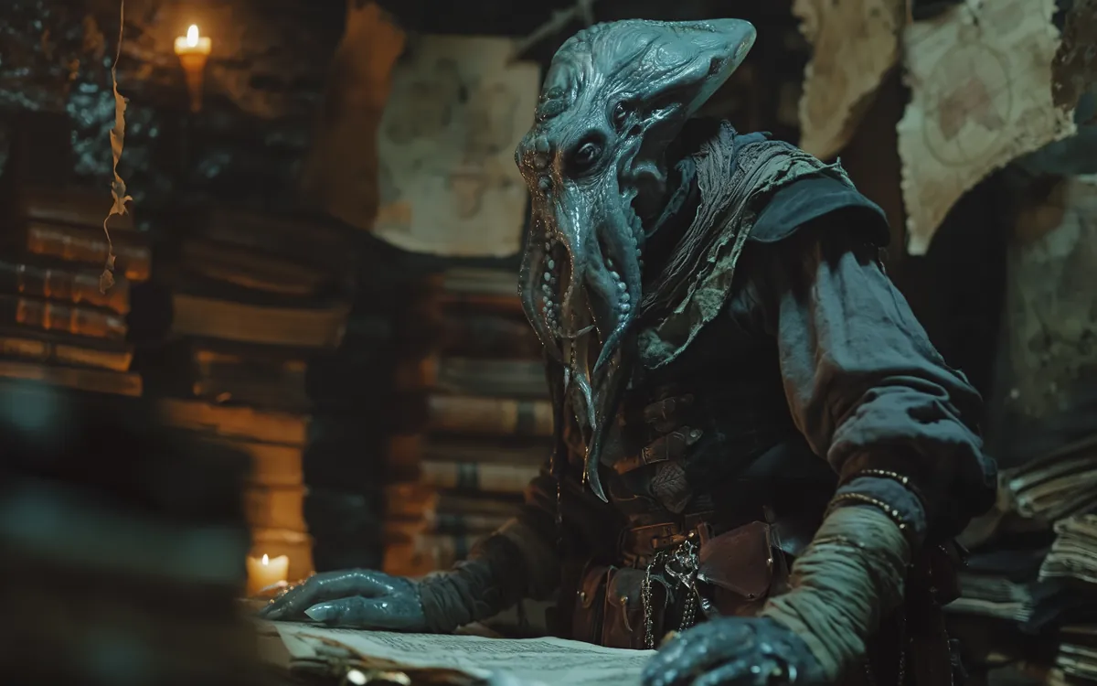 A Sunken Knowledge Den by lamplight, tomes stacked to the rafters and the Squeesh who gathered them working at the table.