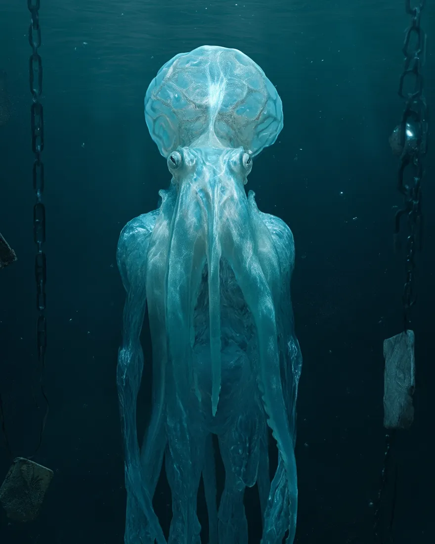 A Squeesh at rest in its den, hyper blue white and translucent, the liquid brain moving inside the floppy mass above the face.