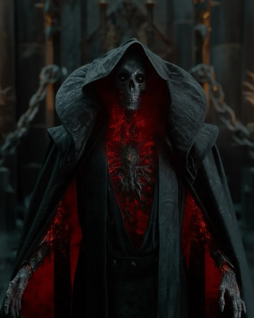 A Lich King in his own hall, burning up from the inside with voided power and his sworn dead kneeling down both sides of the floor.
