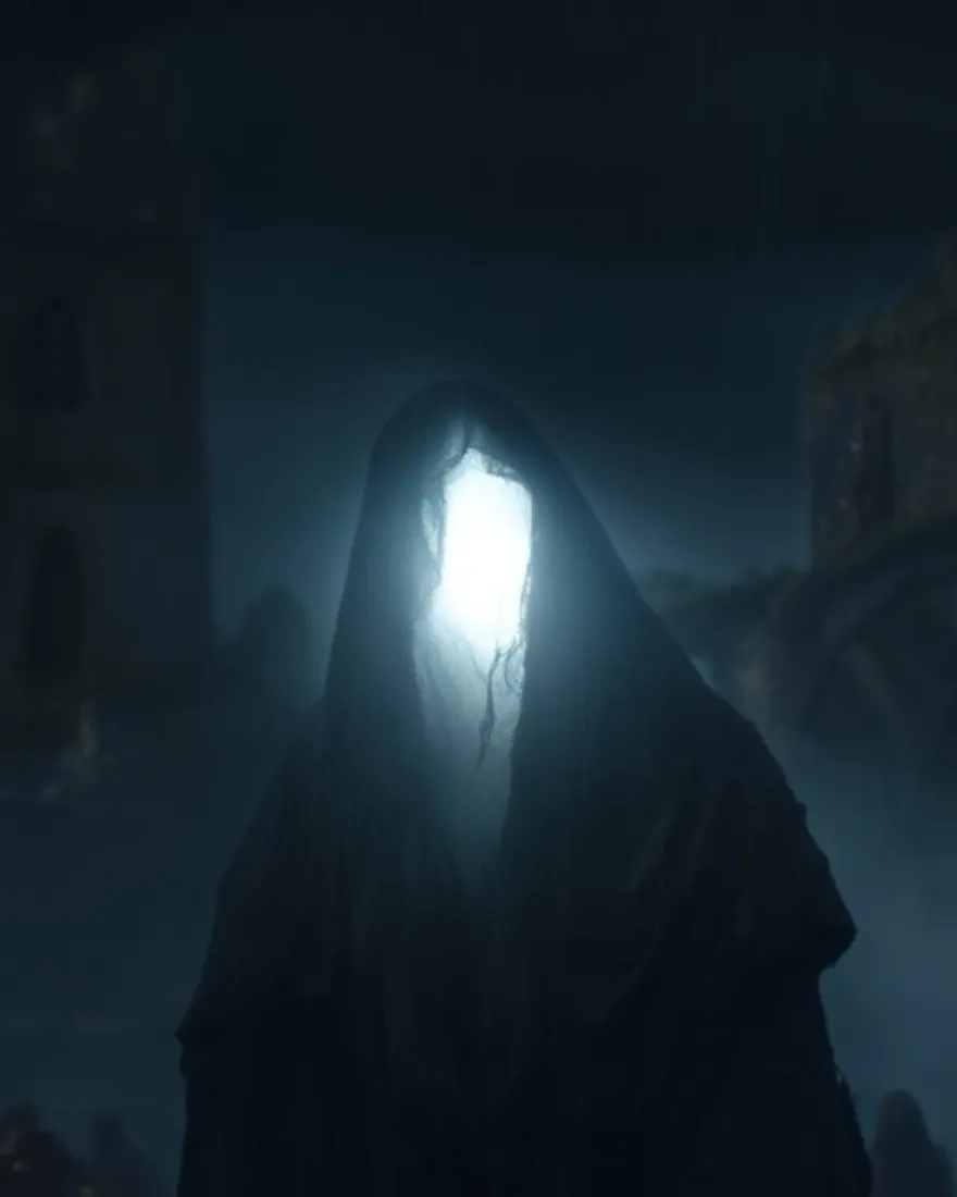 A Shade in a town square after dark, a blank burning light where the borrowed face should be.