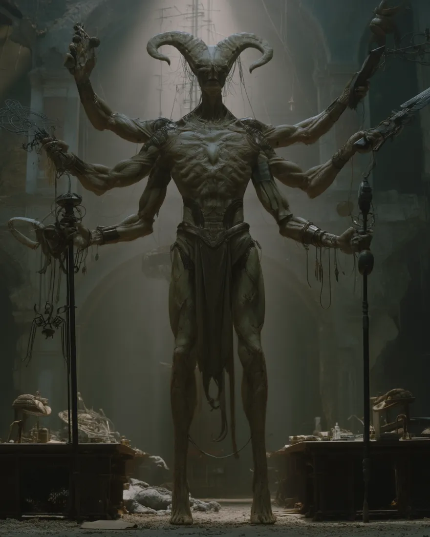 A Shattered standing in a hall built for somebody else, horned and many armed, wearing the shape the locals feared most.