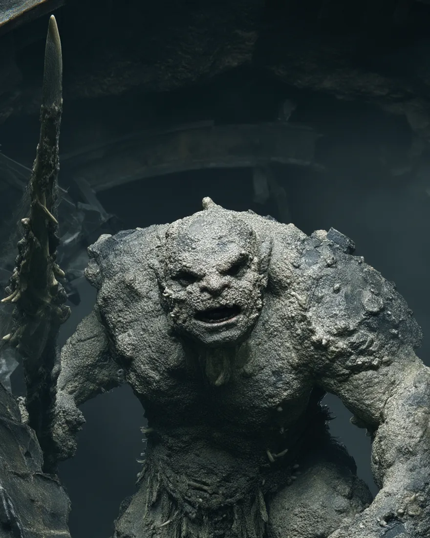 A Thojar in the light of a cave mouth, stone skin over ash-grey flesh, the features cut like the rock behind them.