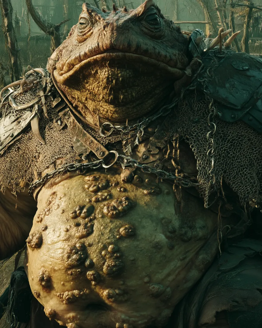 A Torgai enforcer on a swamp dock in chain and plate, the belly carried out in front of him like a shield.
