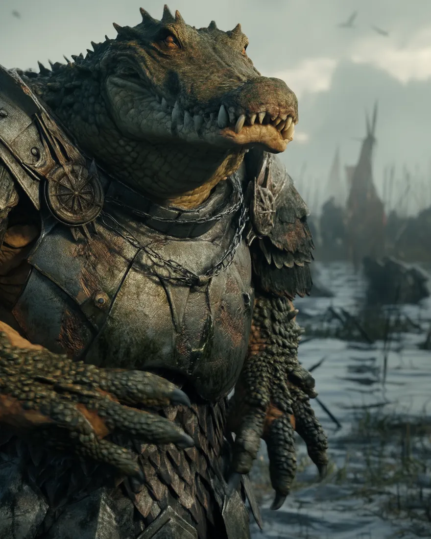 A Torkan clan lord on the flooded march, horned and alligator jawed under heavy scale, his perimeter of pikes standing in the water behind him.