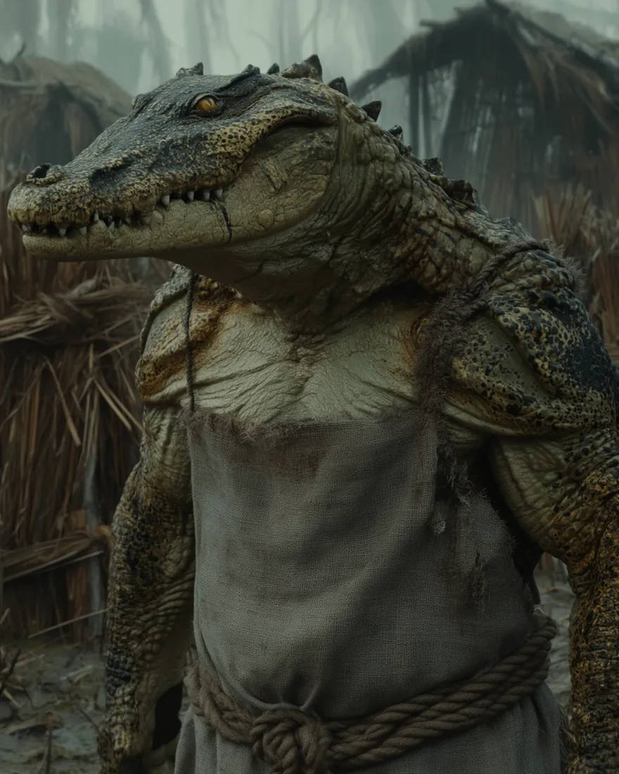 A Torkab in a bog village, the short broad head ridged behind the eyes and black and yellow speckling running over the shoulder.
