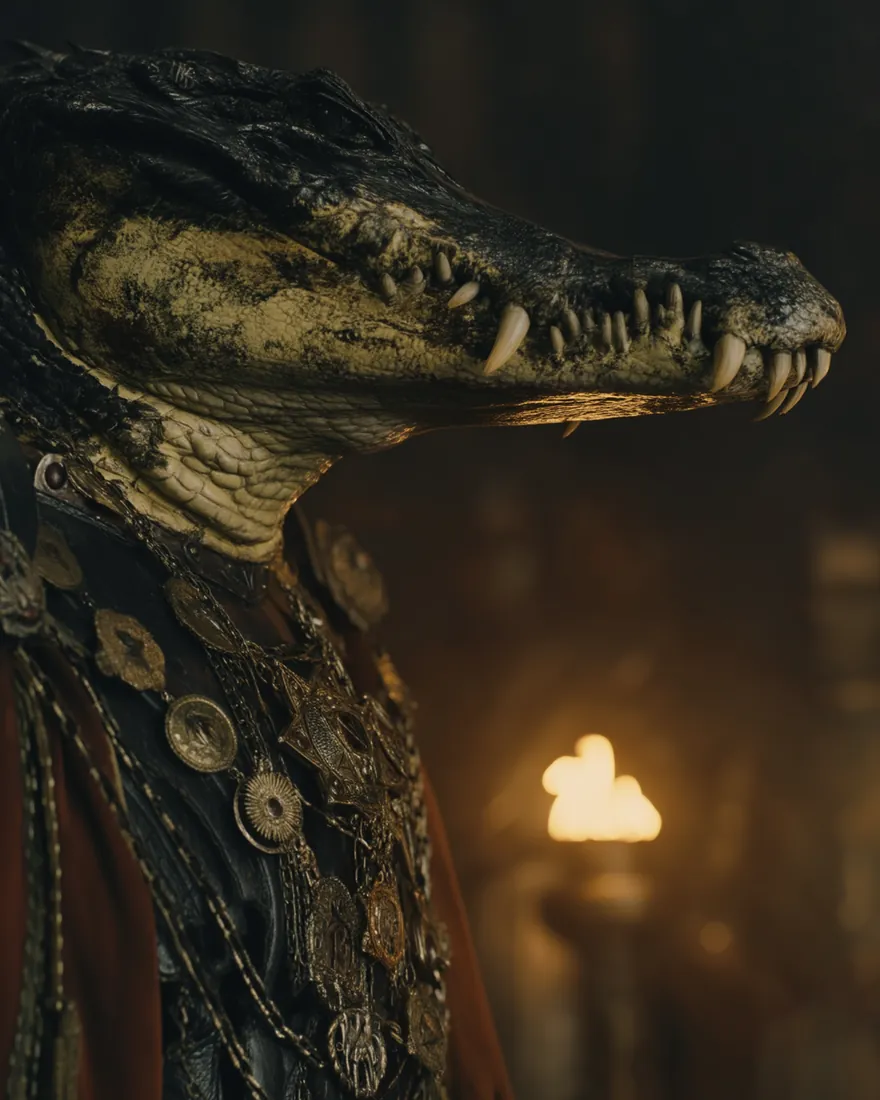 A Torkar in profile by torchlight, black bodied with the yellow white discoloration across the jaw and the long teeth overhanging.