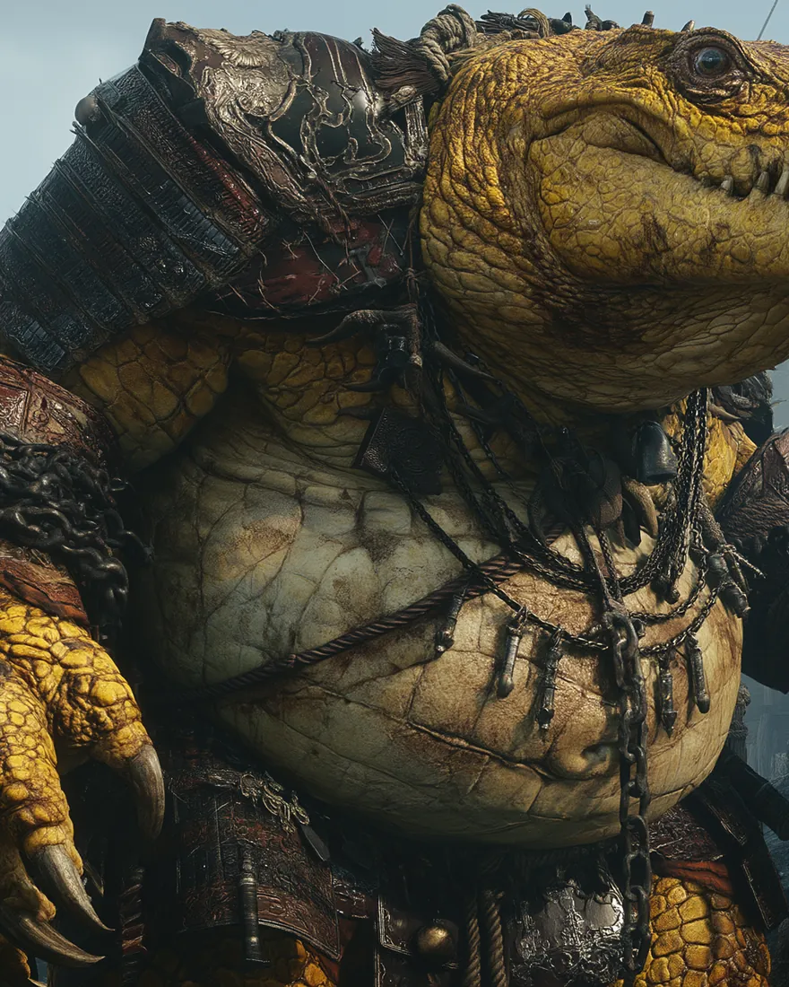 A Torksash on the quayside, nine feet of yellow scale and heavy gut, coast fog and a hull standing behind him.