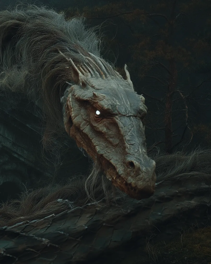A Tusiva raised out of the ruin it has taken, silky hair down the back of the skull and the eye fixed on whoever is still standing.