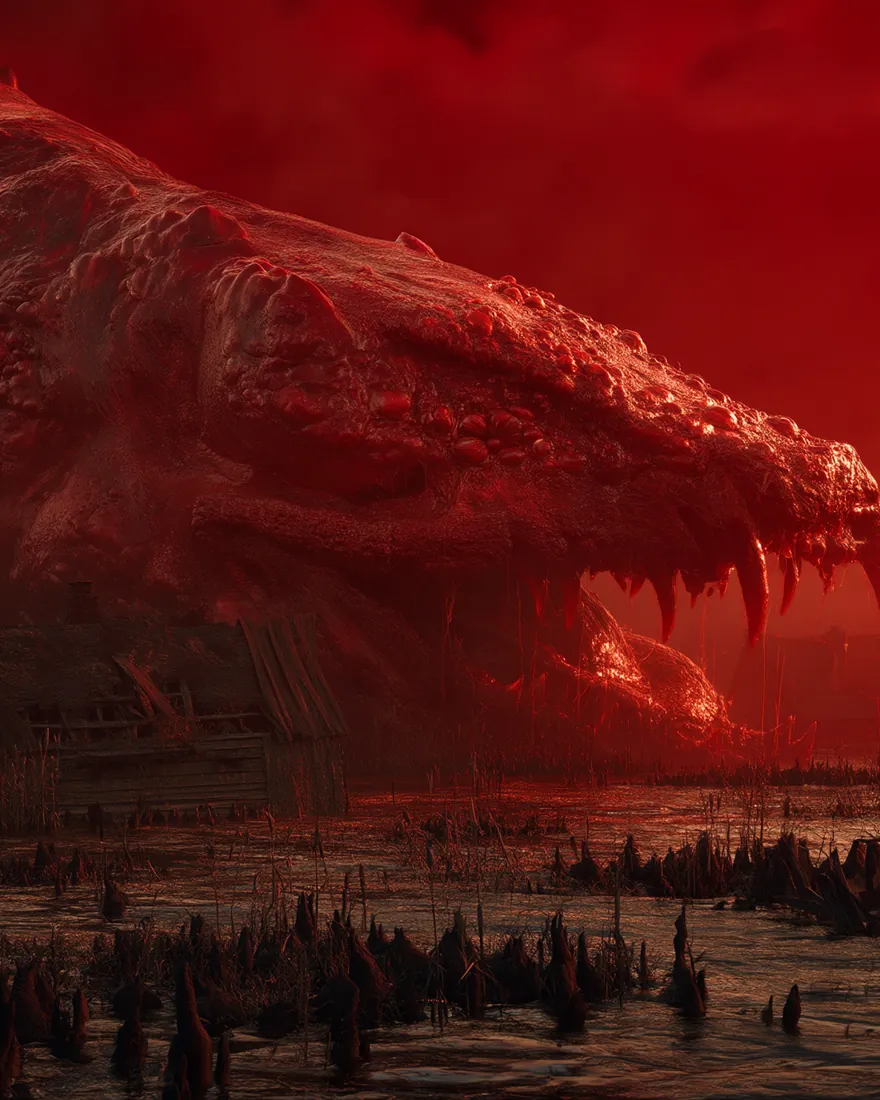 A Tusiboash risen over a bog village in red air, thirty feet of rotted flesh with the mouth open on a moan.