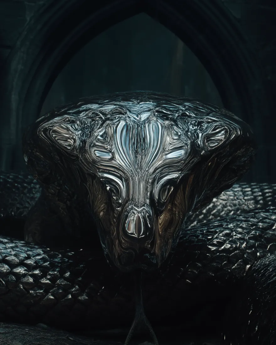 A Tusivol filling a ruined doorway, the rounded hood spread and the warped scale throwing a face back distorted.
