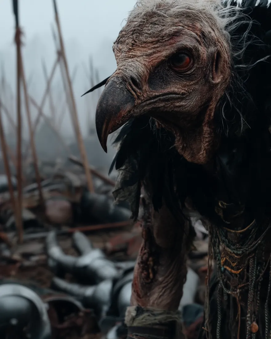 A Vultari on cleared ground after a battle, warted and husked, the bone pikes going up in the fog behind him.