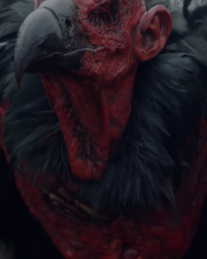 A Vulkar with its head up to scent the air, the flesh bubbled blood red and the eye sockets hollowed out entirely.
