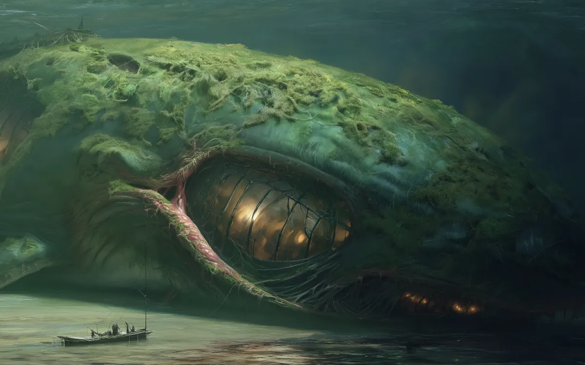 A Wolken surfaced in shallow water and taken for an island, a boat pulled alongside it for scale.