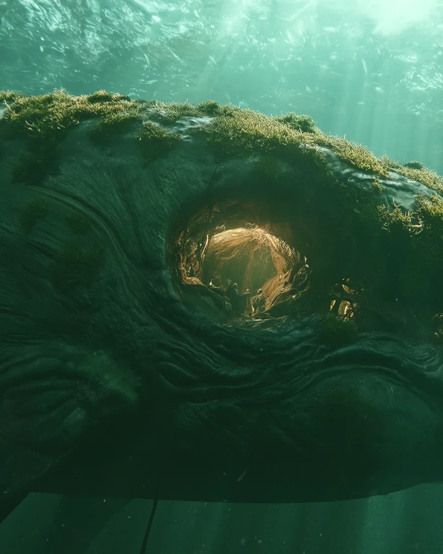 A Wolken under the surface, moss thick over the hide and the lit eye turning in its socket.