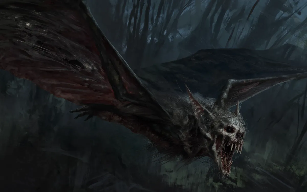 A Xacrie on the wing over black timber at night, the thin saggy flesh of the wings spread and the claws showing at their tips.
