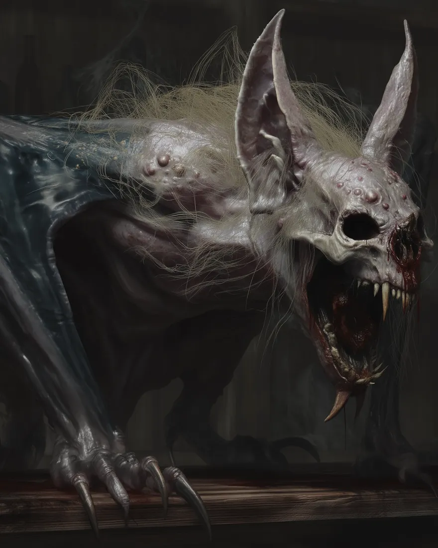 A Xacrie on a beam in the dark, ears up and mouth open, the wing claws hooked over the timber.