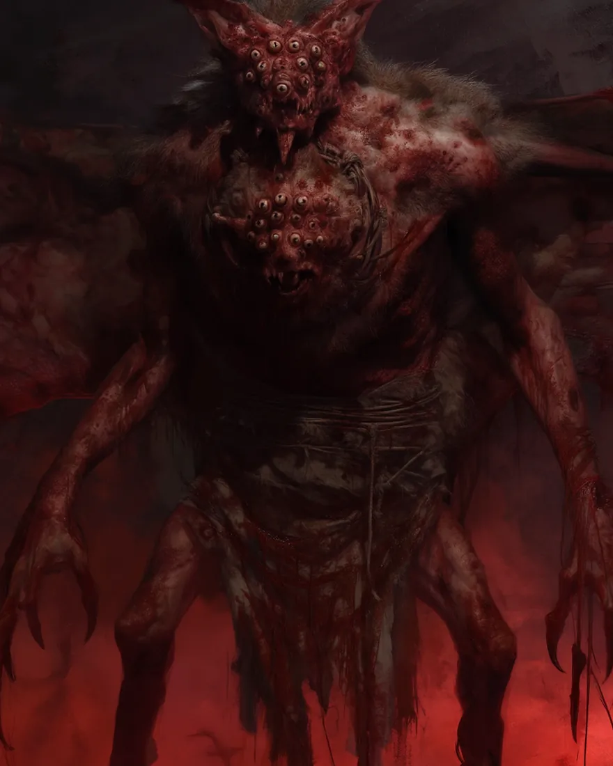 A Xacrikar rising off crimson ground, the wings running with spreading pores and the wing claws grown to double size.