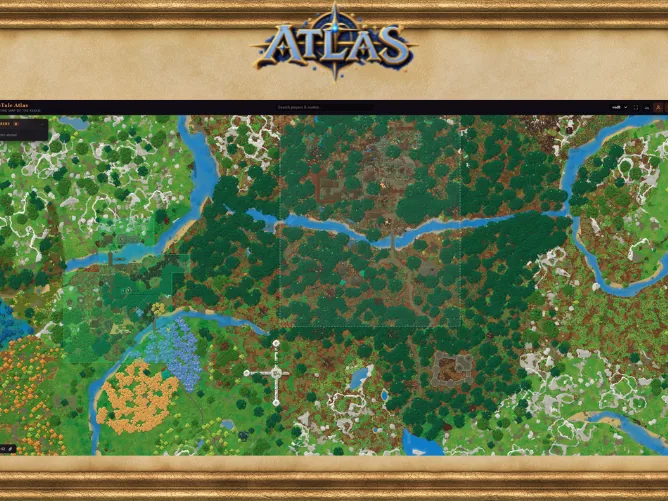 The Atlas flat map zoomed in on forest and rivers, with shaded rectangles and dashed lines marking out claimed territory.