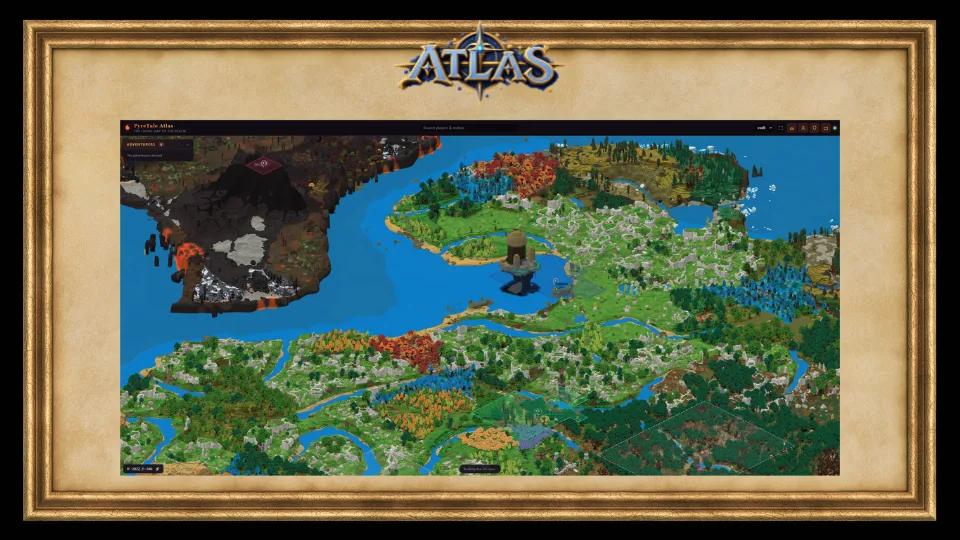 The PyreTale Atlas web map in its 3D view, showing a volcano, rivers and forest in raised terrain, with a search bar along the top and an Adventurers panel at the left.