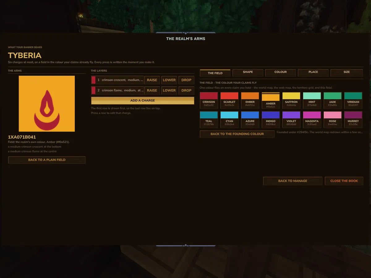 The Realm's Arms page showing a crimson flame and crescent on an amber banner, the two charges listed beside it, and a palette of sixteen field colours.