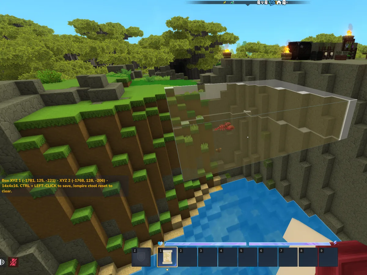 An in game view of a hillside above water with a translucent box drawn over the ground, and yellow on screen text giving the box coordinates, its size and how to save it.