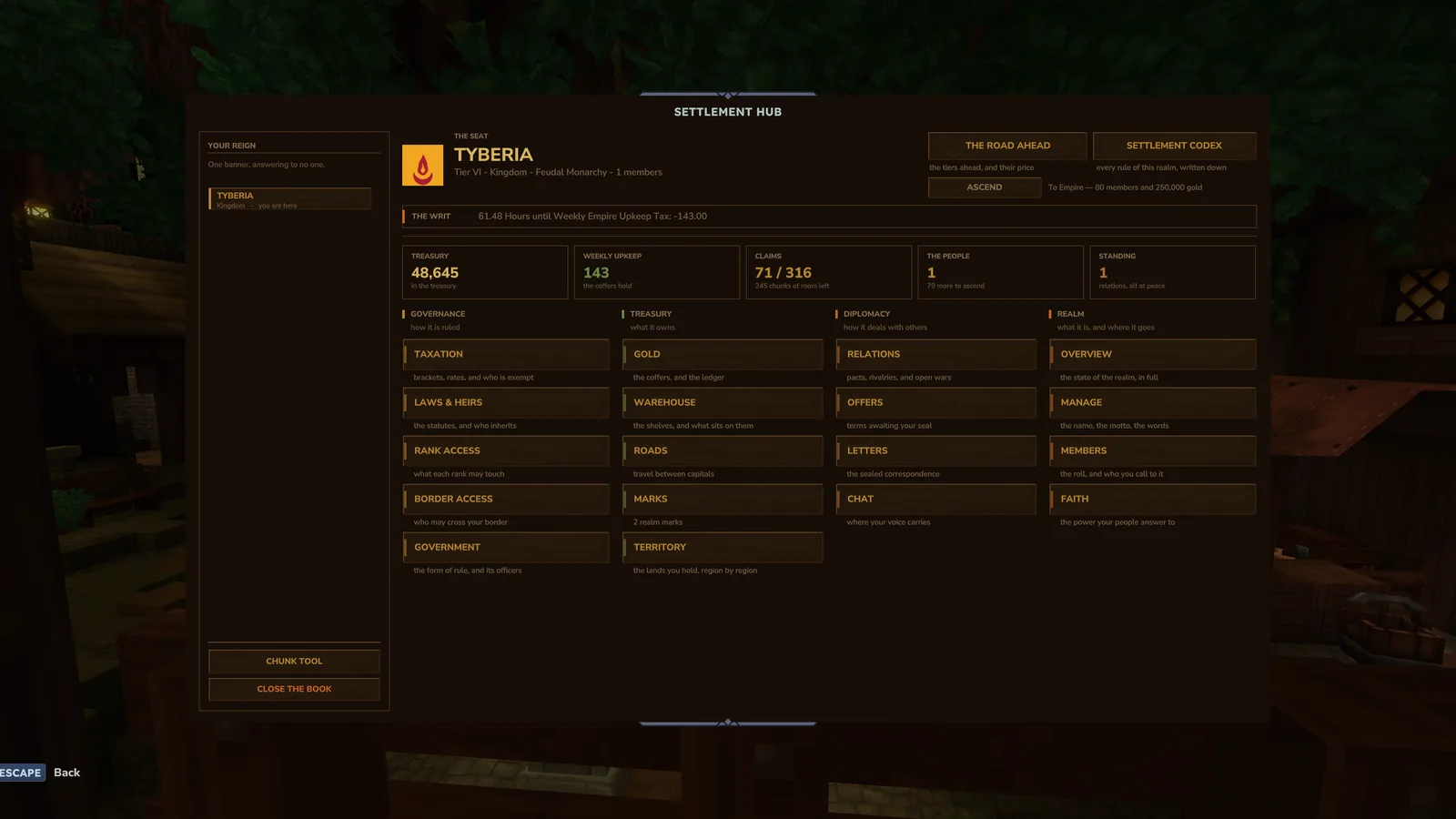 The Settlement Hub screen for a realm called Tyberia, with its treasury, weekly upkeep and claims across the top and panels for taxation, laws, government and faith below.