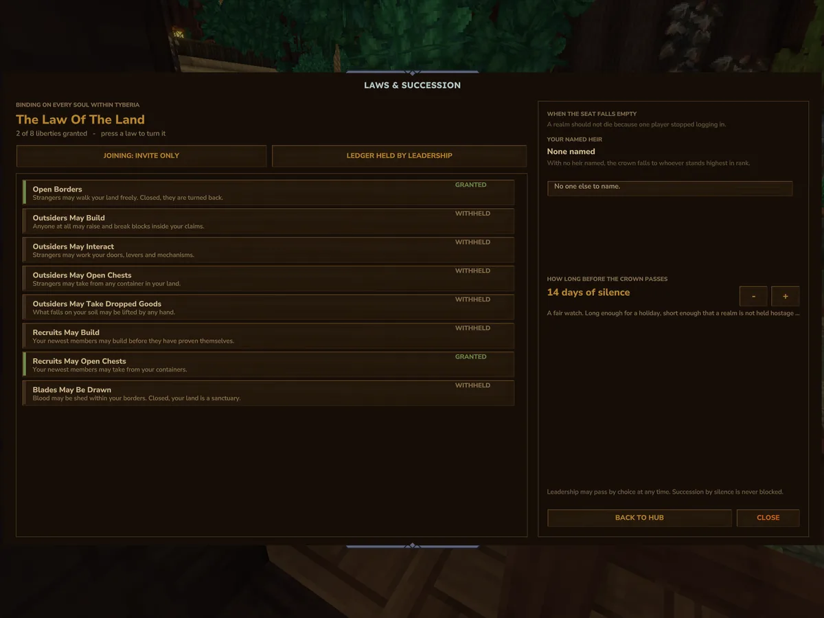 The Laws and Succession page listing eight liberties such as Open Borders and Blades May Be Drawn, each marked granted or withheld, with the heir and succession settings on the right.