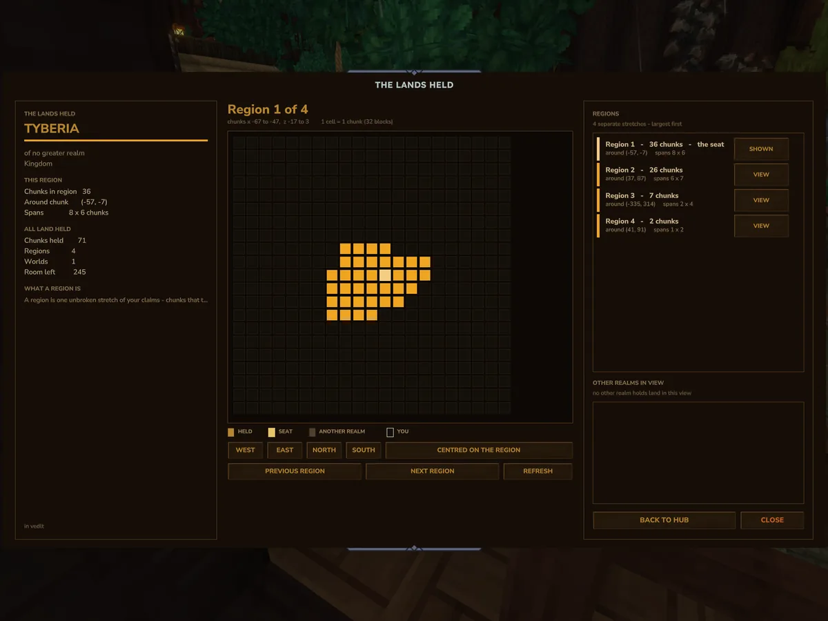 A grid map of claimed chunks with the held ones filled in amber, beside a list of four regions and the chunk count in each.