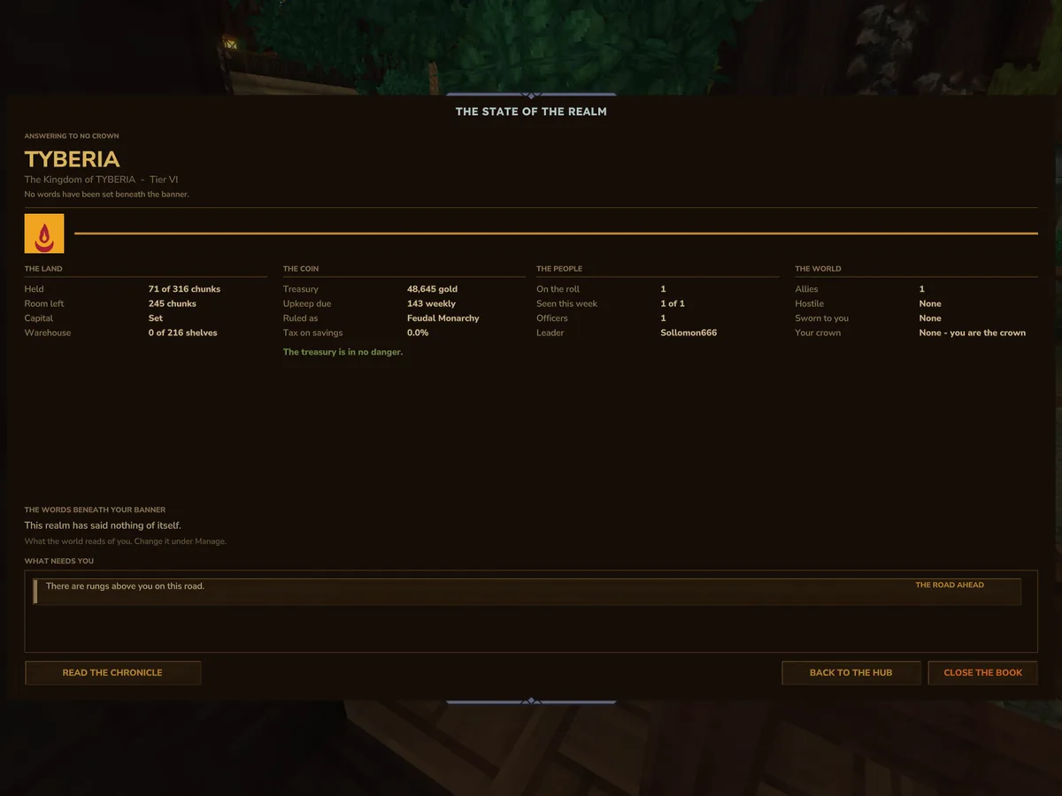 The State of the Realm page for Tyberia, showing 71 of 316 chunks held, 48,645 gold in the treasury and one name on the roll.