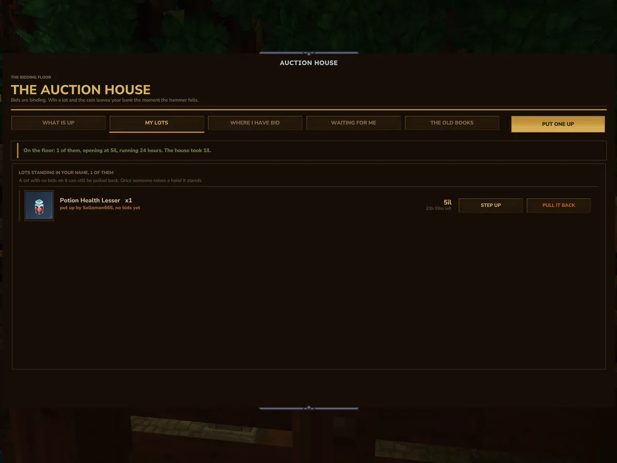 The Auction House screen on the My Lots tab, showing one lesser health potion put up at five illian with 23 hours and 59 minutes left to run.