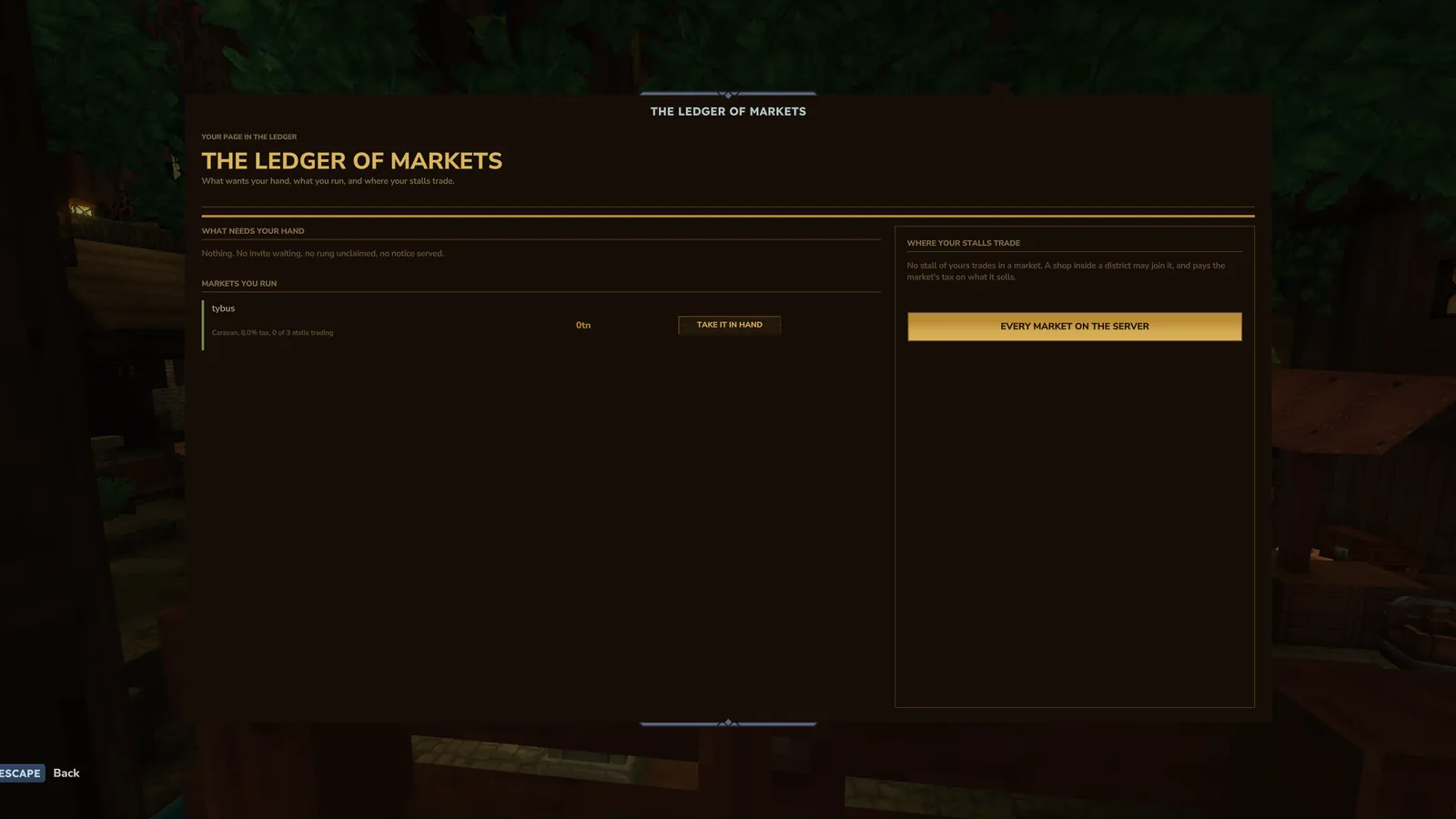 The Ledger of Markets screen, listing one market the player runs with its tax rate and stall count, and a button for every market on the server.
