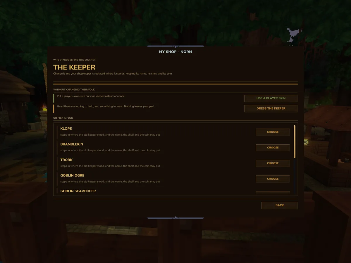 A page called The Keeper offering a player skin or a list of folk, among them Klops, Bramblekin, Trork and Goblin Ogre, to stand behind the shop counter.