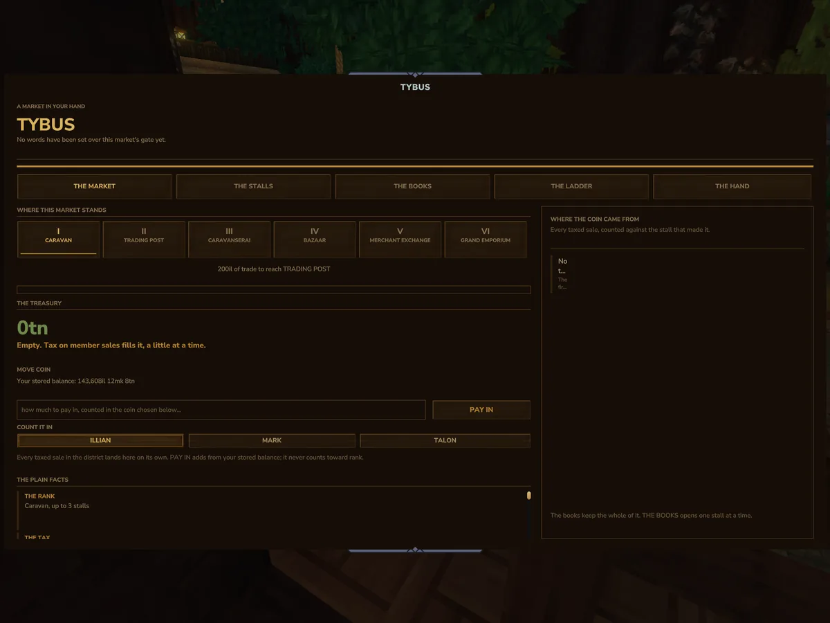The page for a market called Tybus, showing six rungs from Caravan up to Grand Emporium, an empty treasury and controls to pay coin in.