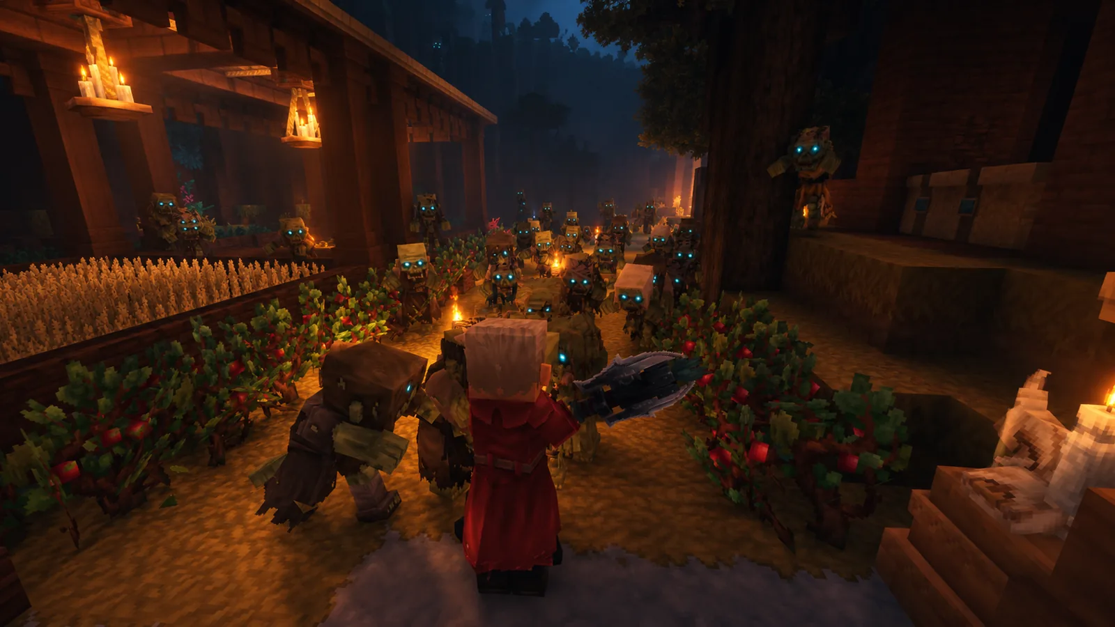A night scene in a lantern lit village, a cloaked player with a drawn sword facing a crowd of glowing eyed creatures coming up the path.
